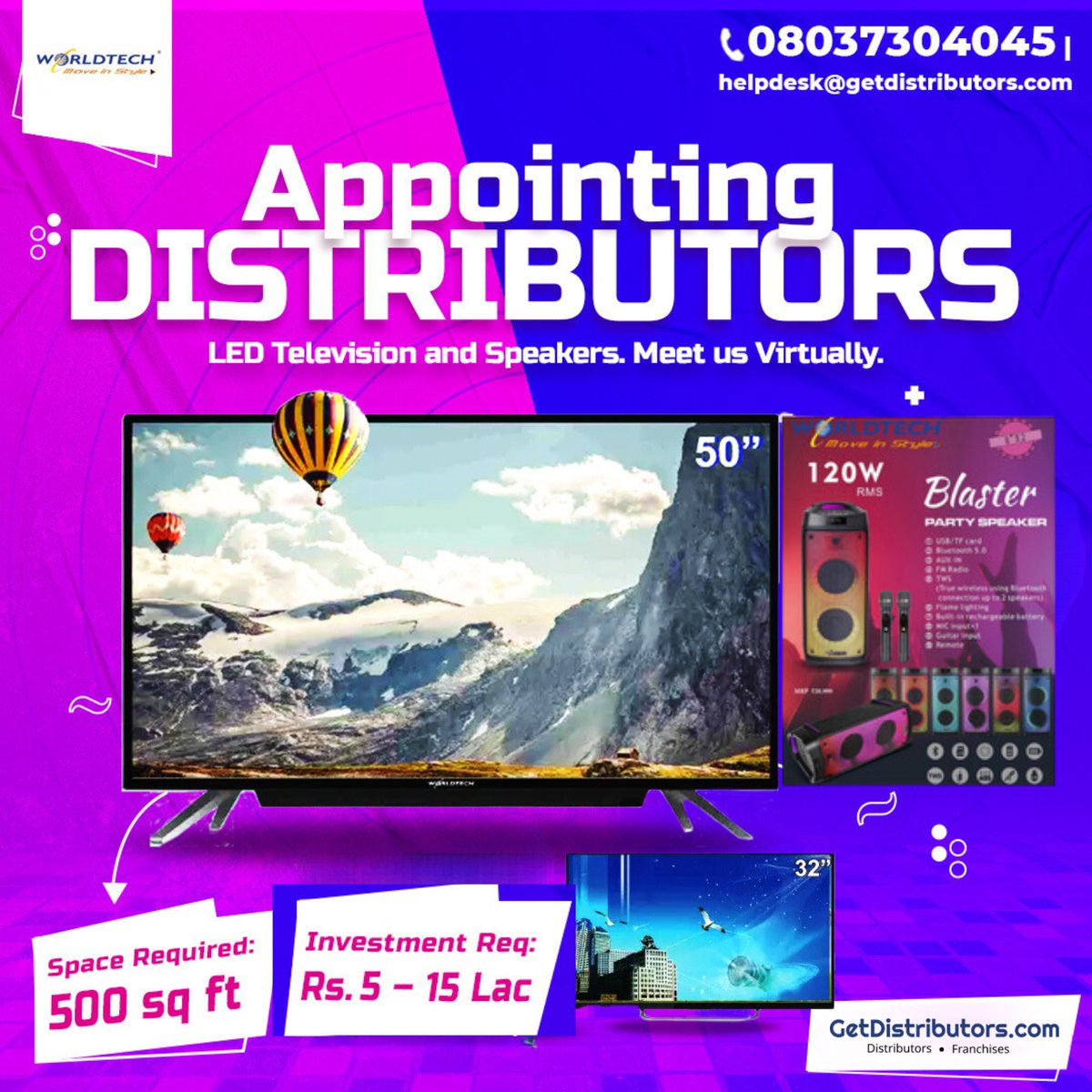 getdistributors's tweet image. We are appointing #Distributors for #Worldtech LED televisions and speakers. Meet us Virtually.
Details 👉 getdistributors.com/tiny/nAko5Lah8n

#ImpexsiooTradingIndiaPvtLtd #LedTv #Speakers #Distributorship #Dealers #AppointDistributors #GetDistributors #Suppliers #Wholesalers #Traders
