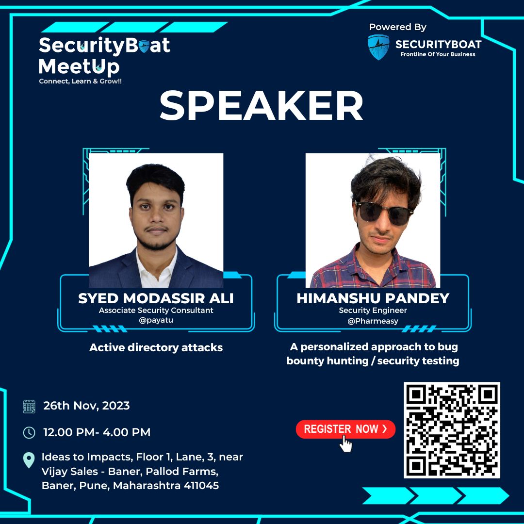 Securityb0at's tweet photo. Embarking on a journey of knowledge with our November speakers! ๐โจ
๐ค Excited to have @gr33nm0nk2802 , Associate Security Consultant, and @himanshu_pdy , Security Engineer at Pharameasy. ๐ Save the date: November 26, 2023.
Ready to join us? Click the link to register and secure your spot! ๐๐
https://t.co/vOccuEgyW9
#securityboat #sbmeetup #pune #infosec #cybersecurity #bugbountytips #pentesting