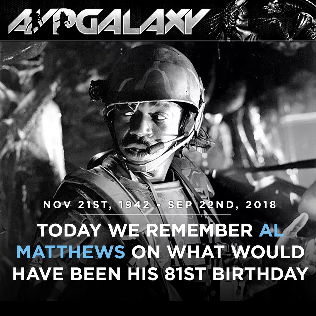 avpgalaxy's tweet photo. Today we remember Aliens' Al Matthews on what would have been his 81st birthday. #AlMatthews #InMemory #RestInPeace #Aliens #ColonialMarines #LookIntoMyEye https://t.co/jwHcIo1Jw4
