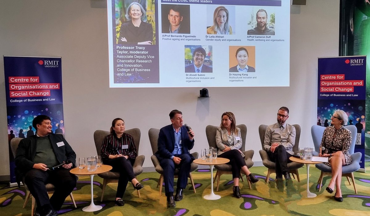 RMITCoBL's tweet photo. Amazing panel discussion with the Theme Leaders of the new Centre for Organisations and Social Change - being launched tonight! #inclusion #gender #equity @wangyinglena @LaurenGurrieri @ttaylor59 https://t.co/DQkazGG494