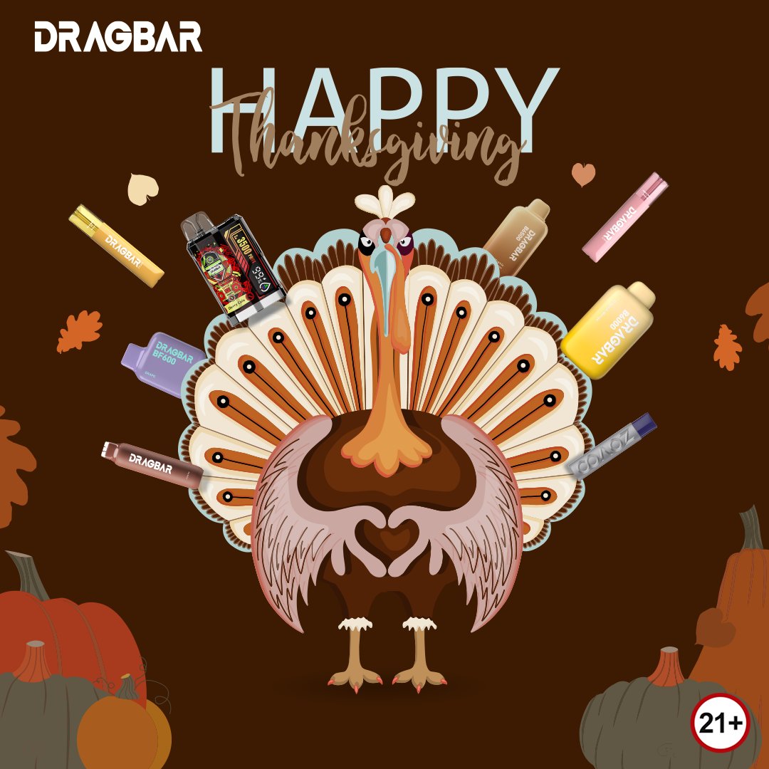 Stuff yourself with gratitude and DRAGBAR!🦃 Thankful for our amazing fans, DRAGBAR FAMILY wishes you a Thanksgiving packed with flavor, laughter, and clouds of joy. 🍂💨 

#dragbar #Thanksgiving #thanksgiving2023 #vapetricks #community #vapefun #vapelove #vapedaily