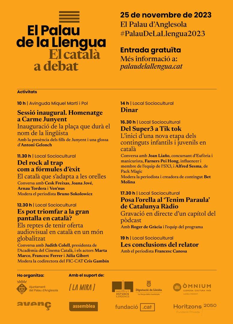 AjuntamentPalau's tweet photo. 👅 El Palau de la Llengua

📅 Demà dissabte 25
⏰ A partir de les 10h
📍 Local sociocultural del #PalaudAnglesola

🔗 https://t.co/DIiu4GYCta

#EmPlauElPalau #ElPalauDeLaLlengua

@lamira @cultura_cat @OmniumLleida @puntCAT @llenguacat @Cal_cat @cpnlcat @avensdelpalau https://t.co/n7bXClafMq