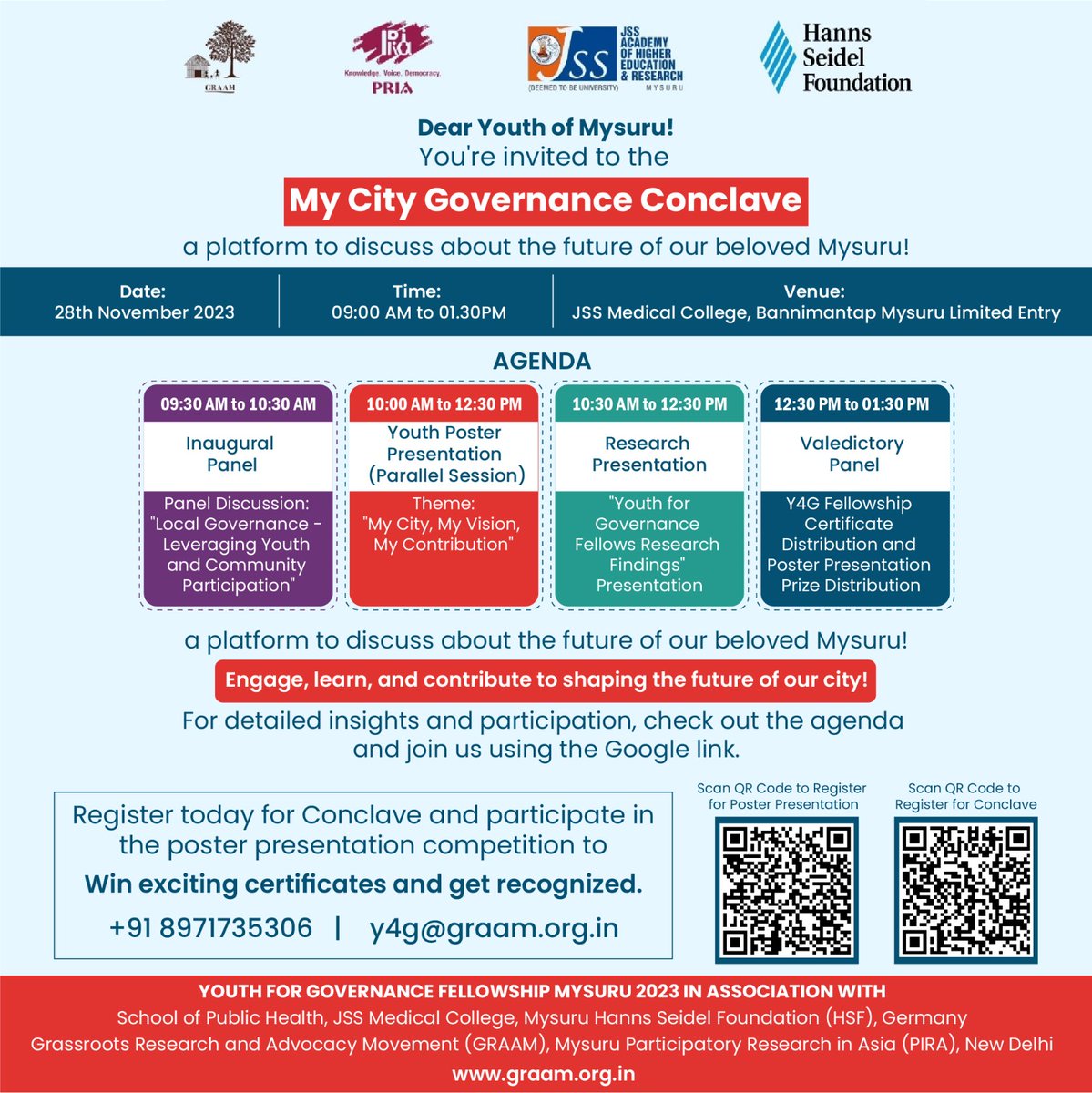 Dear Youth of Mysuru ! You're invited to the 'My City Governance Conclave' - a platform to discuss about the future of our beloved Mysuru!  
#MyCityConclave #YouthEngagement #MysuruFuture #LocalGovernance #YouthParticipation #CommunityVoice  #CityVision #YouthInAction