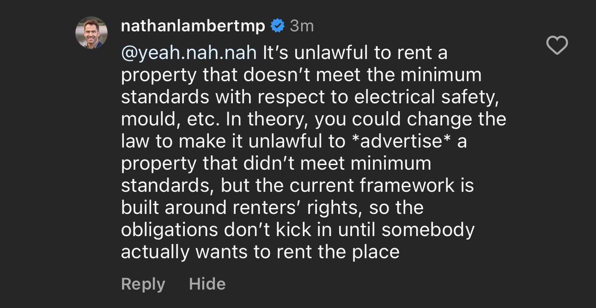 purplepingers's tweet photo. Also yes - make it illegal to advertise a place that doesn’t meet minimum rental standards instead of leaving it to a renter to prosecute only after they move in. 

Government regulations are a government responsibility. They shouldn’t rely on someone else to enforce, especially someone subject to such a significant power imbalance.