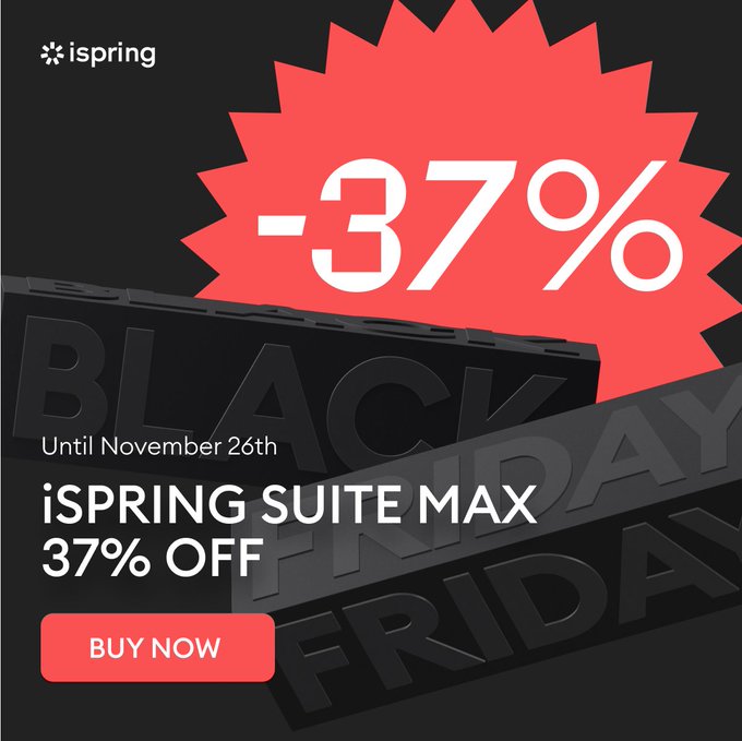 vivusoft's tweet image. 🎉 Black Friday Bonanza!  

Supercharge your course creation with iSpring Suite Max at a jaw-dropping 37% off! Don&apos;t miss out—claim your discount NOW: zurl.co/gDOM 

#BlackFriday #CourseAuthoring #ispring