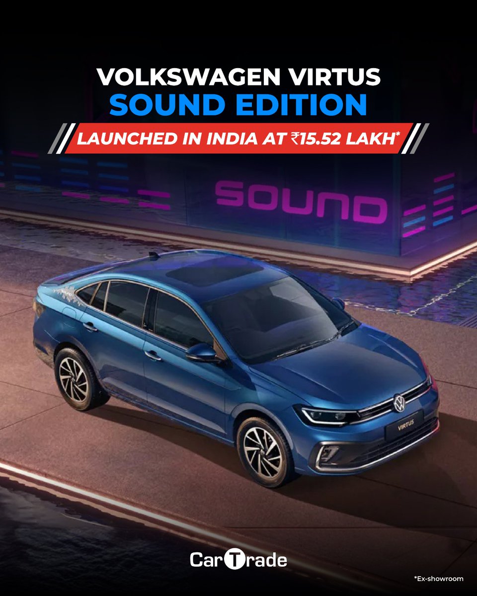 Car_Trade's tweet photo. #VolkswagenIndia has officially launched #VirtusSoundEdition in India.
The variant-wise ex-showroom prices:
- Virtus Sound Edition MT: Rs. 15.51 lakh
- Virtus Sound Edition AT: Rs. 16.77 lakh
#Volkswagen #VolkswagenVirtus #Virtus #VW #sedan #carnews #newcar #CTLaunch https://t.co/i1TfcNZ137