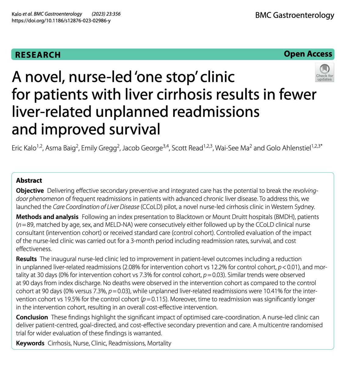Decreasing readmissions in cirrhosis is key in liver centers. There is an emerging role for SPECIALIZED NURSES. This relevant study shows that a NURSE-LED clinic results in fewer liver-related readmissions and improved survival. shorturl.at/gzFG3 #LiverTwitter @EASLedu