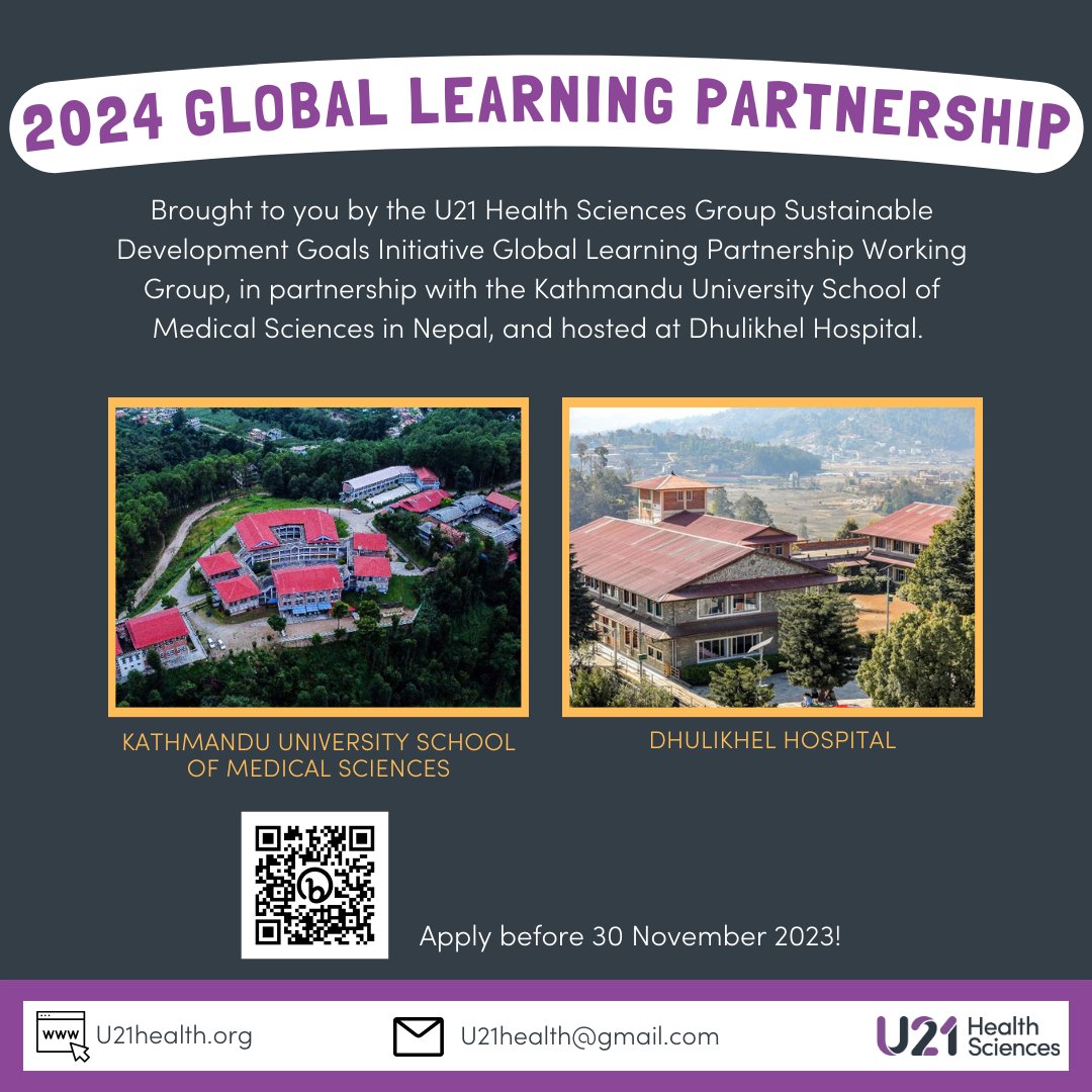 The 2024 GLP is organized in partnership with the Kathmandu University School of Medical Sciences and delivered at the Dhulikhel Hospital. Info: kusms.edu.np dhulikhelhospital.org/international-… #U21health #U21healthsciencesgroup #U21HealthSciences #GlobalLearningPartnership