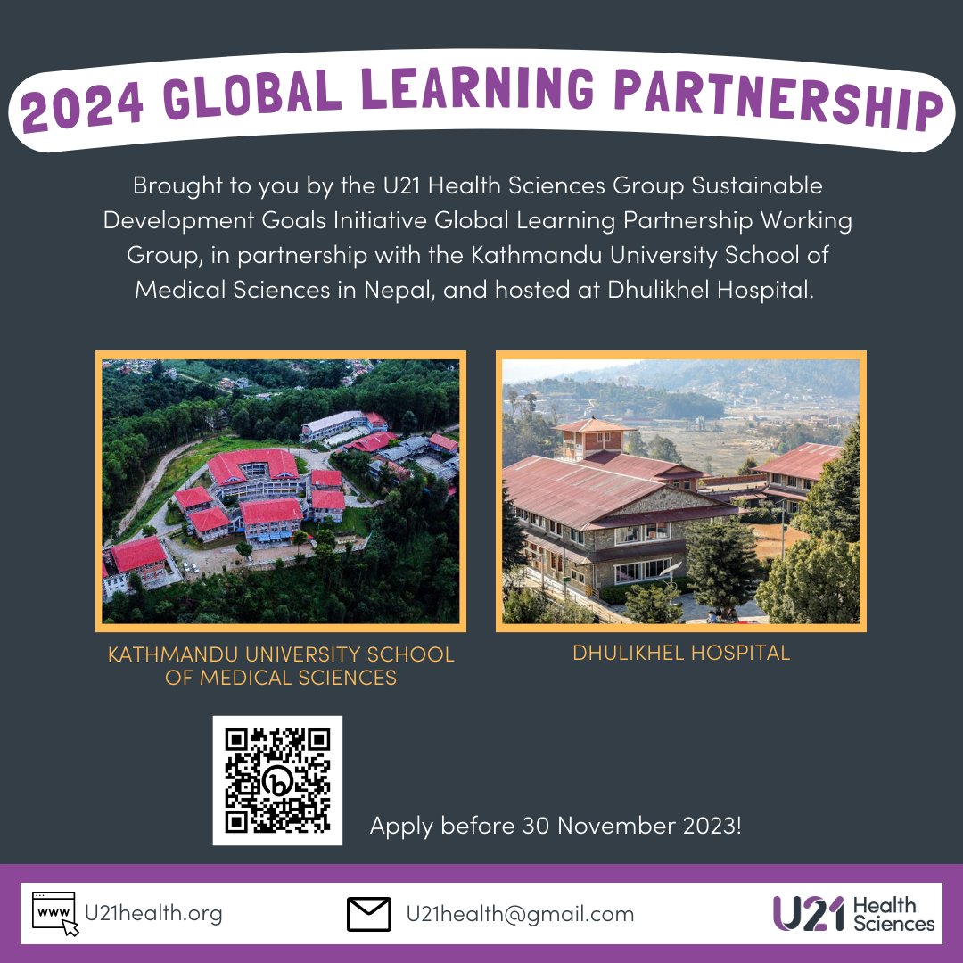 The 2024 GLP is organized in partnership with the Kathmandu University School of Medical Sciences and delivered at the Dhulikhel Hospital. Info:
kusms.edu.np 
dhulikhelhospital.org/international-…

#U21health #U21healthsciencesgroup #U21HealthSciences #GlobalLearningPartnership