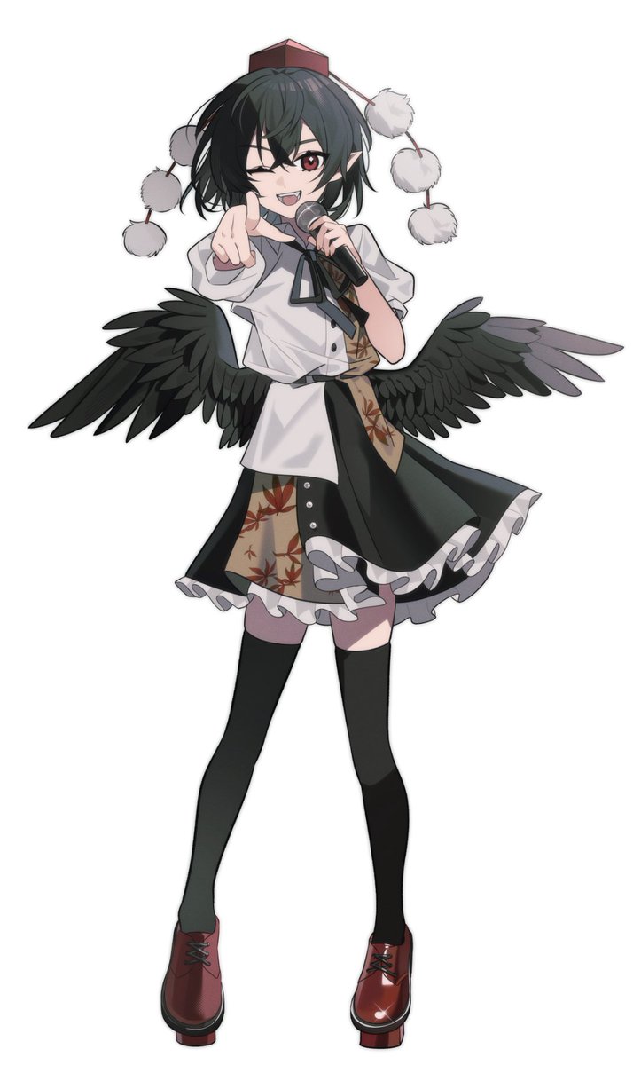 shameimaru aya 1girl solo skirt black hair hat wings pom pom (clothes)  illustration images