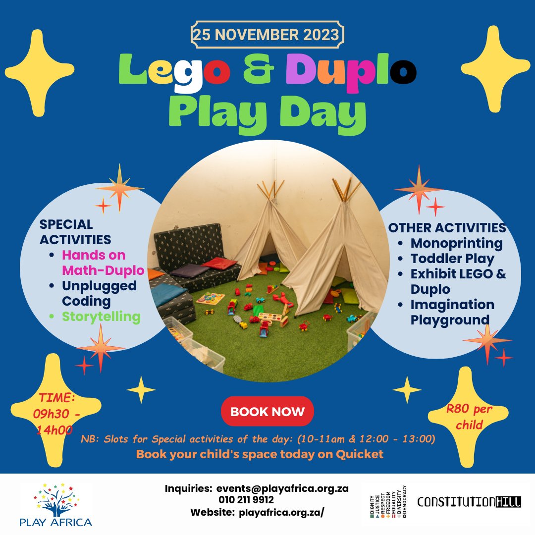 Join @PlayAfricaCM for another fun-filled & educational Lego & Duplo Play Day! Bring your little ones aged 12 & under, & come along with the whole fam to enjoy. To secure your spot, a fee of R80 per child is required. Book Here: qkt.io/wSEdZn #PlayAfrica #LEGOplayday