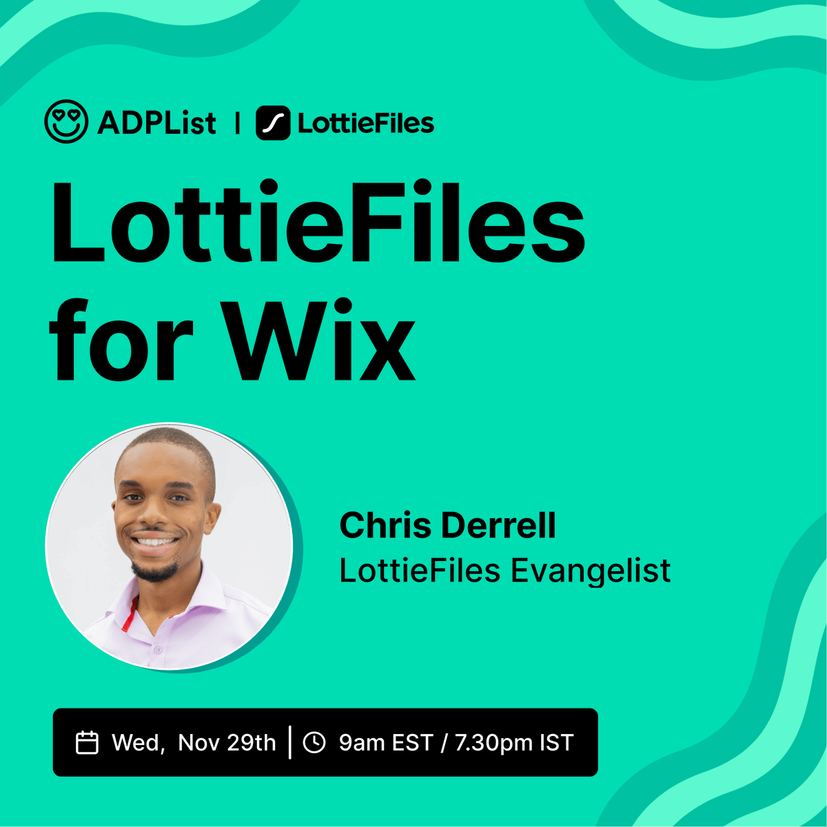 Join our collab session with <a href="/ADPList/">ADPList</a>, feat <a href="/ChrisDerrell/">Christopher Derrell</a>, LottieFiles evangelist &amp; award-winning dev!

Discover selecting, customizing &amp; deploying animations for your <a href="/Wix/">Wix</a> sites using LottieFiles.

📅 Nov 29th 23
🕗 9:00 AM EST / 7:30 PM IST  
RSVP: adplist.org/session/lottie…