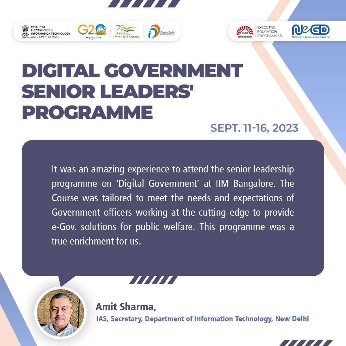 _DigitalIndia's tweet image. #FeedbackPost | The Digital Government Senior Leaders&apos; Programme, organised by @NeGD_GoI, provided the participants an enriched experience in fields like cloud, blockchain, big data, open source, etc. 
#DigitalIndia #CapacityBuilding