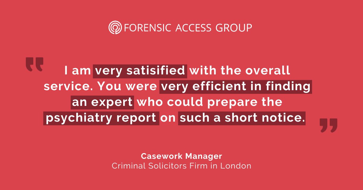 ForensicAccess's tweet image. In this case, the #legalfirm needed a #psychiatry expert to meet with their client and prepare and provide a report urgently. 

Well done to the #casework managers who met this deadline and received positive #feedback from this #solicitors firm! 👏