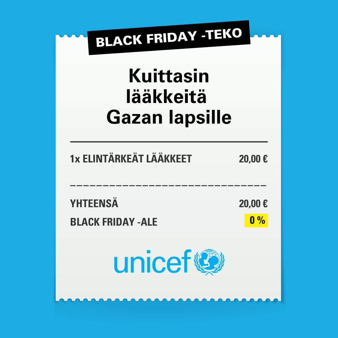 unicef_finland's tweet photo. Kuittaa viikon tärkein Black Friday -ostos! ✅

Gazassa toimivat sairaalat tarvitsevat kipeästi lisää lääkkeitä lasten hoitoon!

➡ Lahjoita MobilePaylla numeroon 38835 tai tekstaa LÄÄKE20 numeroon 16110 (20€).
➡ https://t.co/bv3DEbPmz0

#blackfriday #lapsenoikeudet https://t.co/xsdzaXRuVV