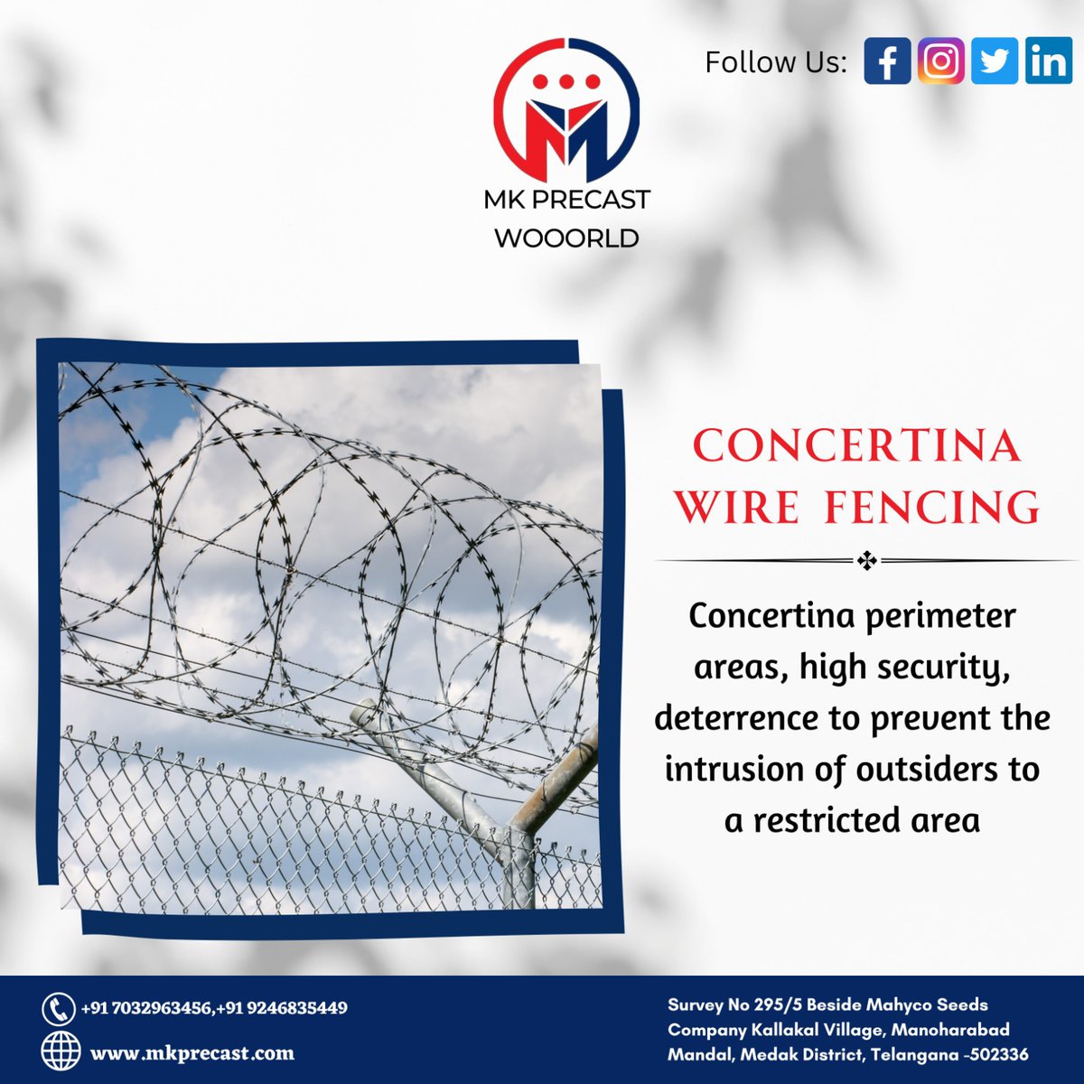 Concertina wire fencing is a highly effective security measure with razor-sharp, coiled wire designed to deter unauthorized access. 
#mkprecast #Security #ConcertinaWire #SafetyFirst #PerimeterProtection #Deterrence #HighSecurity #SecureFencing #SafetySolution #AntiClimb