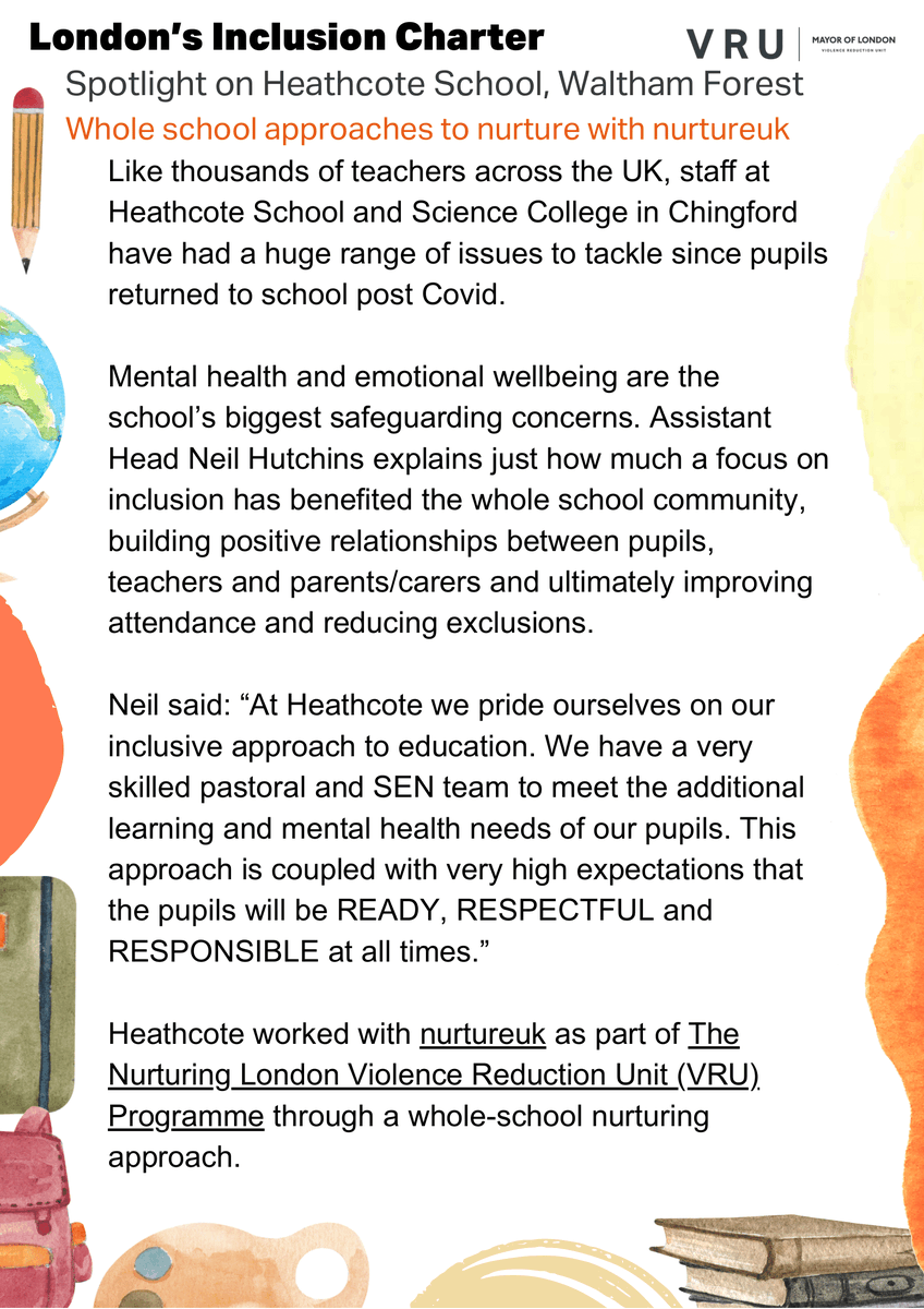 LDN_VRU's tweet image. 🏫 This week, our #PromisingPractice series on inclusive practice in schools lands at @Heathcotee4 in Waltham Forest.

📈 Through our Investment in Learning with @nurtureuktweets, the school has seen record attendance and reductions in exclusions.  

#LondonsInclusionCharter