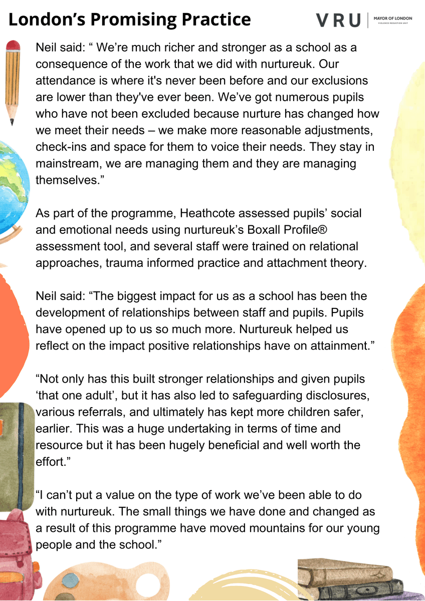 LDN_VRU's tweet image. 🏫 This week, our #PromisingPractice series on inclusive practice in schools lands at @Heathcotee4 in Waltham Forest.

📈 Through our Investment in Learning with @nurtureuktweets, the school has seen record attendance and reductions in exclusions.  

#LondonsInclusionCharter