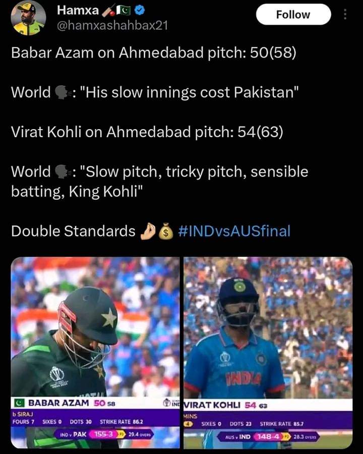 Ich93Humayun's tweet photo. thats called double standard! 
#BabarAzam𓃵 #CWC2023Final https://t.co/rghtZ59NKw