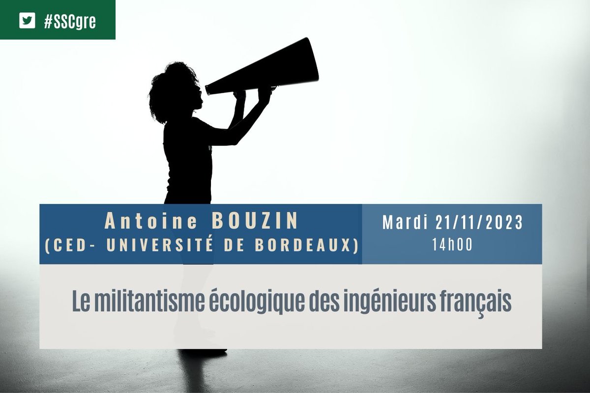 MSH_A's tweet photo. 📣 Séminaire #SSCgre | 3e séance aujourd’hui mardi 21/11 à 14h avec @AntoineBouzin (@CEDurkheim / @univbordeaux).
👉 Le militantisme écologique des ingénieurs français
📍 𝗔 𝗹𝗮 𝗠𝗦𝗛-𝗔𝗹𝗽𝗲𝘀 𝗲𝘁 𝗲𝗻 𝘃𝗶𝘀𝗶𝗼𝗰𝗼𝗻𝗳𝗲́𝗿𝗲𝗻𝗰𝗲
ℹ️ https://t.co/da7CTyQRkZ https://t.co/vWOcFCeBVt