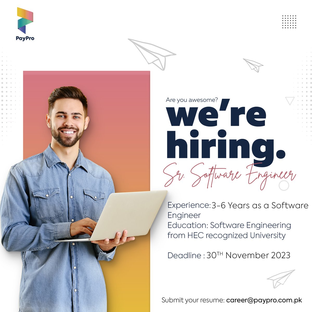🚀 Join us as a Senior Software Engineer! 

🖥️ If you're skilled in C#, JavaScript, SQL, and more, we want you! Check out the details and apply now: career@paypro.com.pk. 

Closing date: 30th Nov 2023. 

#TechJobs #SoftwareEngineer #PayproHiring
