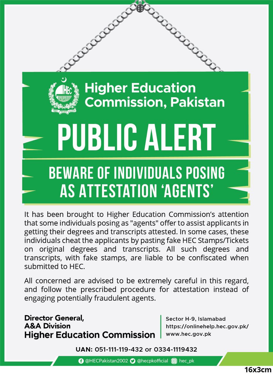hecpkofficial's tweet image. 🚨 PUBLIC ALERT: 

Beware of fake attestation 'agents'! Don't fall victim to fraudulent practices. 

Follow HEC's official attestation procedure available at hec.gov.pk/english/servic… 

#HEC #PublicAlert #DegreeAttestation #HigherEducation