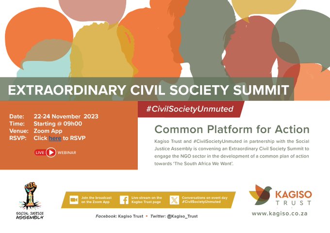 Calling South African NGOs – participate in the virtual Extraordinary Civil Society Summit from 22-24 November 2023 and contribute to developing a common plan towards the “South Africa we Want”. Register @ shorturl.at/htyQ6 @Kagiso_Trust @SJAssembly #CivilSocietyUNMUTE