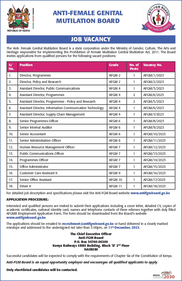 The AntiFGM Board is a state corporation under the Ministry of Gender, Culture, The Arts and Heritage responsible for implementing the Prohibition of FGM Act, 2011. The Board invites applications from qualified persons for the following vacant positions: 1/3