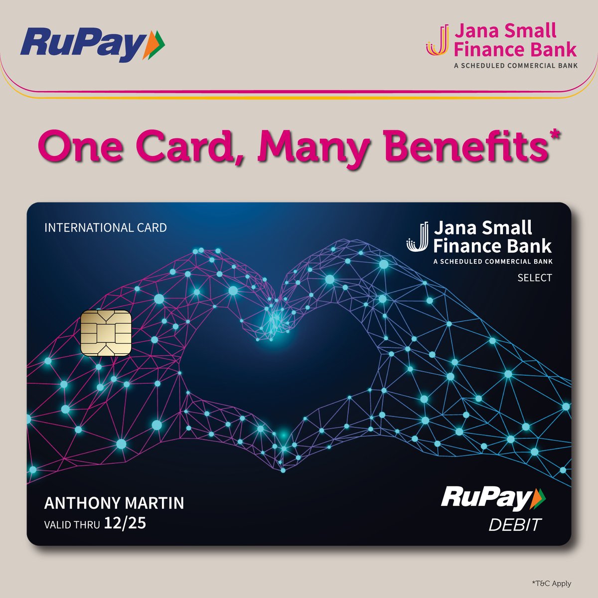 janabank's tweet photo. Unlock a world of benefits with Jana SFB Rupay Debit Cards. Enjoy the ease of transactions, reap exciting rewards and embrace financial security.

Know more at https://t.co/Xxku3ujWPw

#JanaSFB #Banking #EasyBanking #SecuredBanking #DebitCards #SelectDebitCard https://t.co/gIH62gZjZv