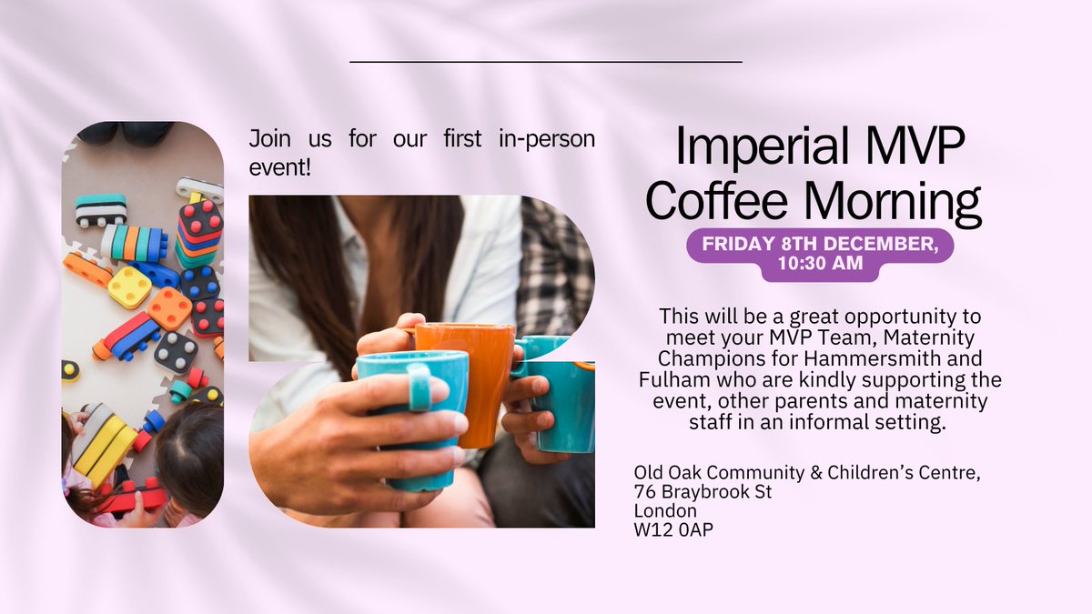 On Friday 8th December we are hosting our first in-person Coffee Morning at the
<a href="/OldOakCentre/">Old Oak Centre</a>. If you would like to meet the team and learn more about our work in an informal setting, please register here: eventbrite.co.uk/e/imperial-mvp……
<a href="/ImperialNHS/">Imperial NHS 💙</a> <a href="/ImperialPeople/">Imperial People 💙</a> <a href="/MatChampsHandF/">Maternity Champions - H&F</a>
