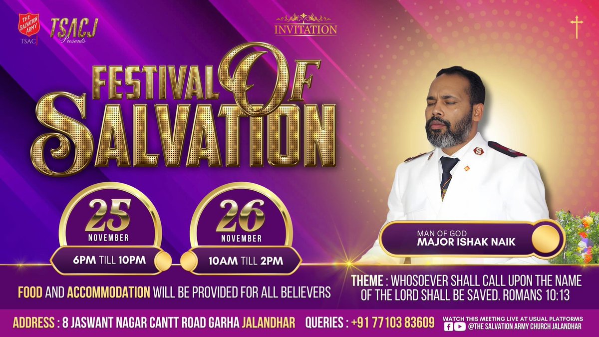 PastorIshakNaik's tweet photo. "Experience Divine Blessings at the Festival of Salvation with Lt. Col. Andrews D. Christian and Lt. Col. Sunita Christian on Nov 25-26! 🌟 #FestivalOfSalvation #MiraclesAwait" https://t.co/V8P2JfMmTc