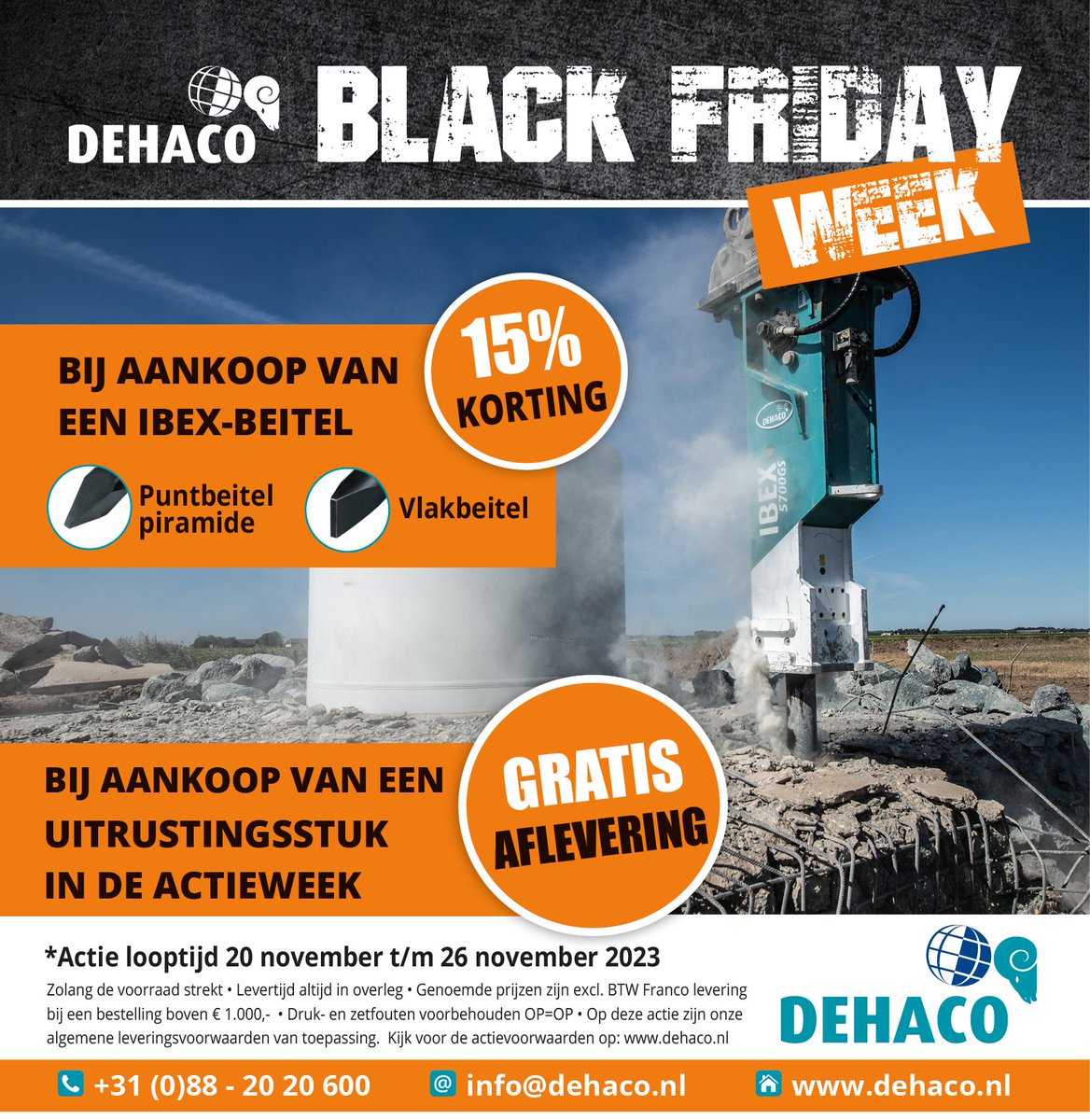 𝐁𝐞𝐢𝐭𝐞𝐥𝐞𝐧 maar! 🔨

Het is 𝐁𝐥𝐚𝐜𝐤 𝐅𝐫𝐢𝐝𝐚𝐲 𝐖𝐞𝐞𝐤 bij Dehaco! Daarom bieden wij je deze week een mooie deal aan:

15% korting op alle vlak- en puntbeitels voor de IBEX sloophamers. Dat is een mooie deal toch? 😀

#BlackFriday