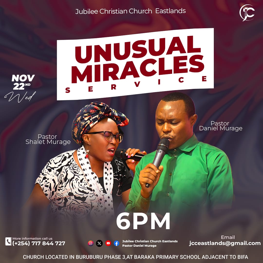 Jcceast's tweet photo. Join us this Wednesday for a time of Dynamic Worship, Strategic Teachings and Prophetic Prayers.
Come ready to experience God.
• Wed, 6pm
NB: Wednesday is our day of corporate fasting for 24hrs
#UnusualMiraclesService
#PstDanielMurage
#JCCEChangingLives
@pastordanmurage https://t.co/DsA1ITPeFa