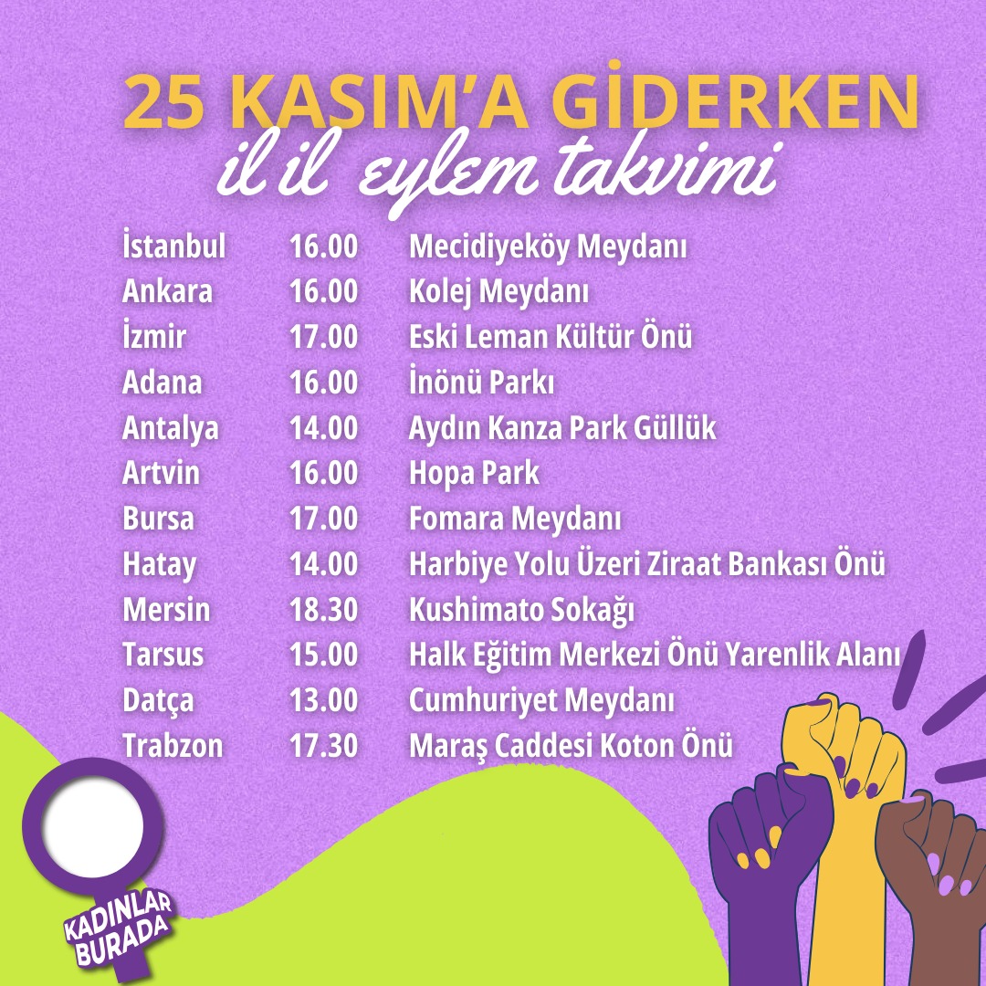 Her yıl olduğu gibi bu 25 Kasım'da da sokakları, meydanları terk etmiyor kenti kuşatmaya geliyoruz! ♀️🏳️‍⚧️🏳️‍🌈
İl il eylem takvimimiz ⤵️