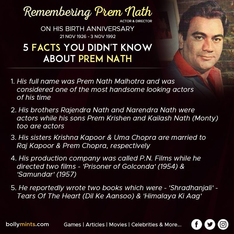 Remembering Actor & Director #PremNath Ji On His #BirthAnniversary !
#Facts You Didn't Know About Prem Nath Ji
#BinaRai #PremKrishen #MontyNath