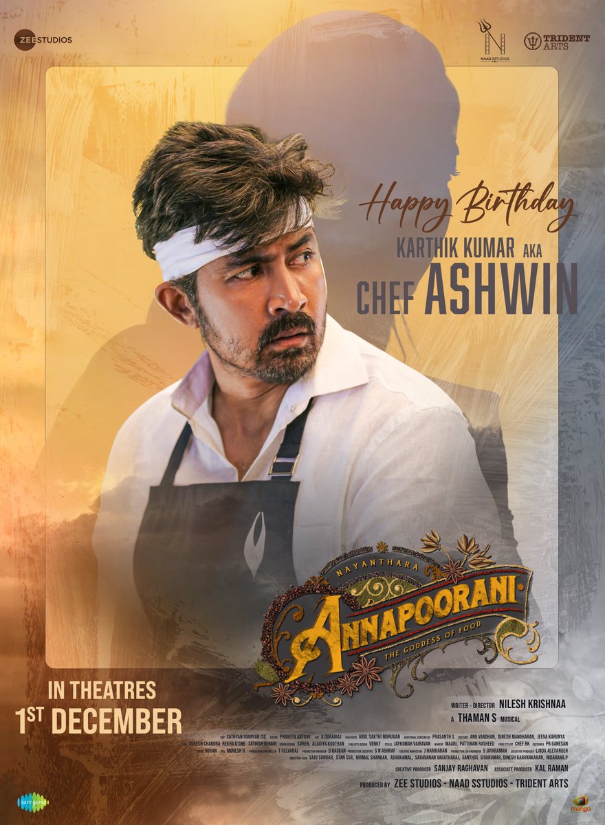 tridentartsoffl's tweet photo. Introducing Karthik Kumar as #chefashwin from #Annapoorani 

@Nilesh_Krishnaa
@zeestudiossouth @tridentartsoffl @NaadSstudios #Ravindran @Naadsstudios @saregamasouth @SETHIJATIN @sanjayragh @Kirubakaran_AKR @TheVinothCj  @SureshChandraa @DoneChannel1 https://t.co/lDgfRtDp2J