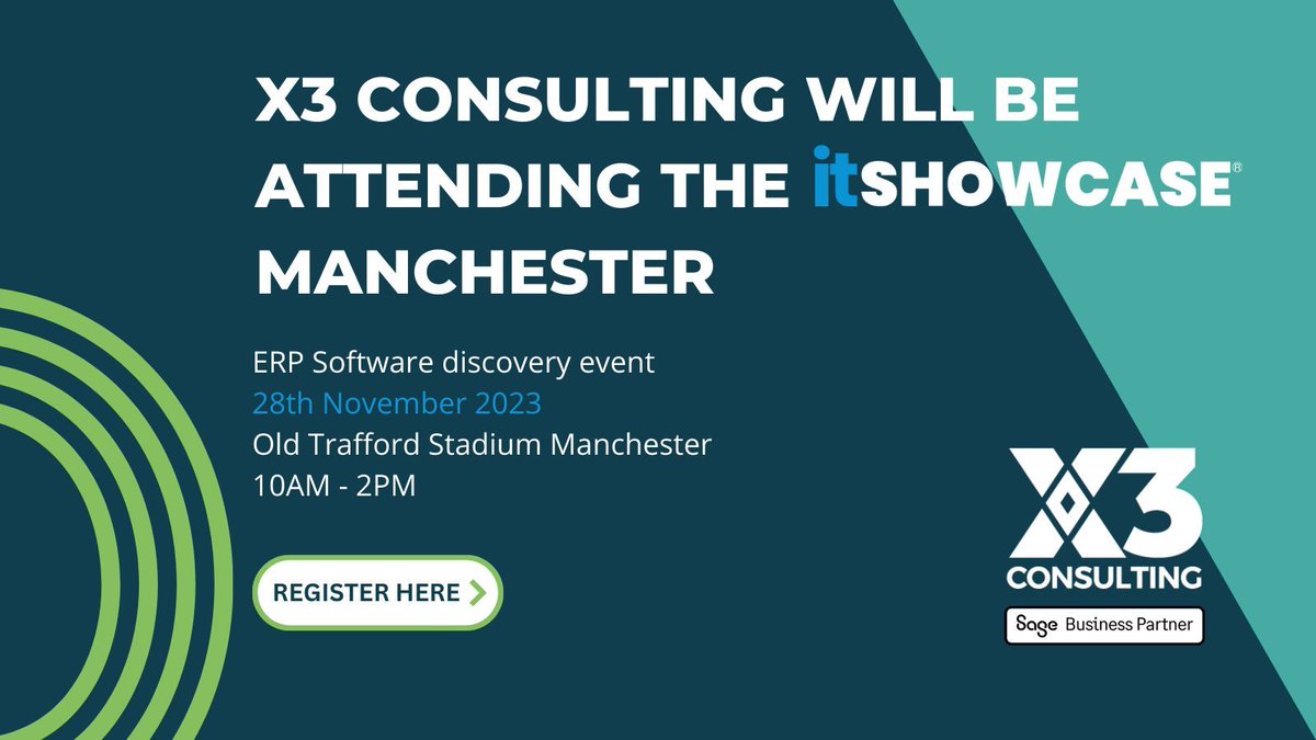 1️⃣ week to go before the It Showcase Manchester 28th November.
Meet X3 Consulting Ltd and learn how to drive efficiency and growth with Cloud ERP software #SageX3 and #SageIntacct 
Register FREE for the event
⬇ ⬇ ⬇
buff.ly/3rStOps 
#itevent #sagesoftware #erp