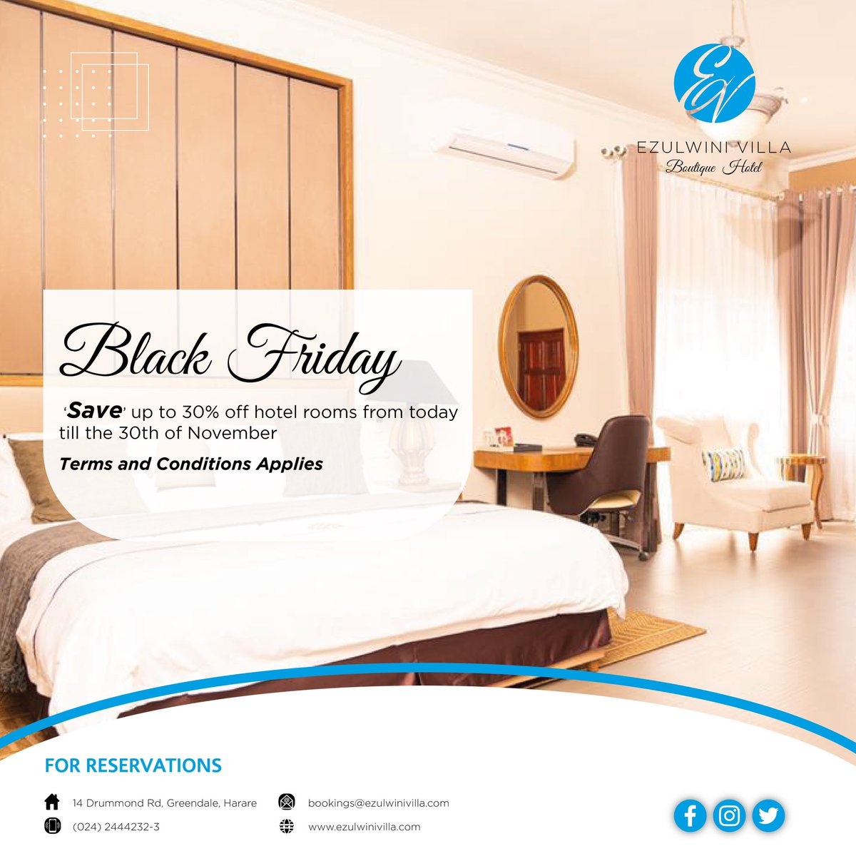 No need to keep your eyes peeled, Ezulwini Villa has the best offers of the season. Enjoy massive discounts this November, book your stay now and get 30% back! #BlackFriday

🏨 Address: 14a Drummond Road, Greendale, Harare, Zimbabwe

📩 Email: bookings@ezulwinivilla.com
