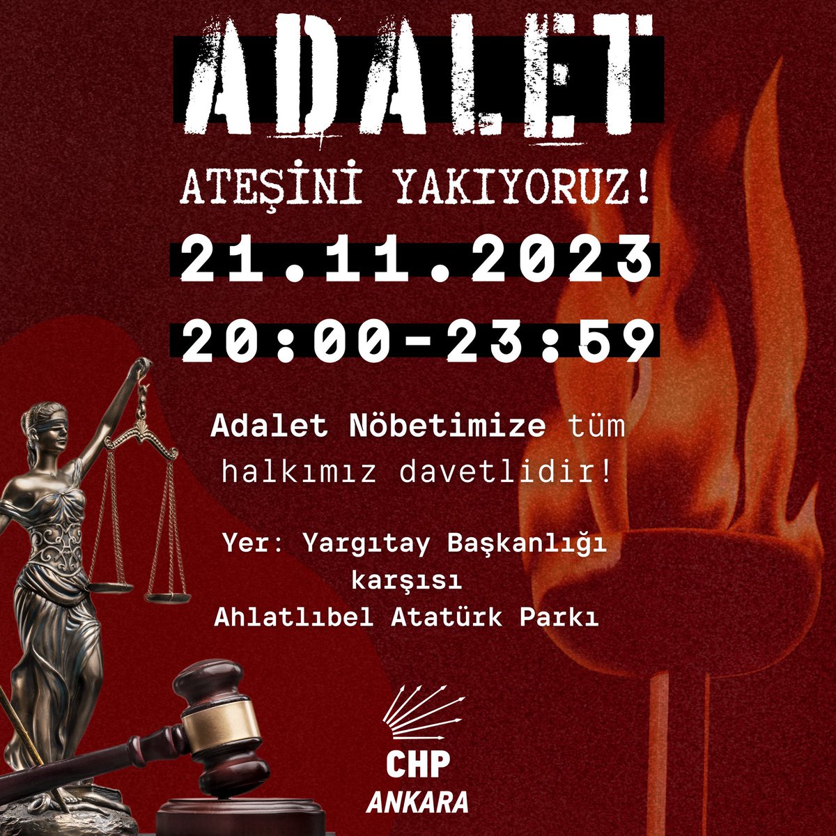 Genel Başkanımız Sn. Özgür Özel'in katılımlarıyla, TBMM'de 'Adalet Nöbeti' tutan milletvekillerine destek olmak için, Anayasa’yı yok sayanlara karşı Ankara'da 'Adalet Ateşi'ni yakıyoruz. 

CHP Ankara İl Hukuk Komisyonu olarak tüm meslektaşlarımızı yanımızda olmaya davet ediyoruz.