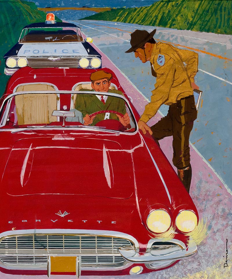 In #NOVEMBER 1961
Artwork by Ben Denison (1927-2008) for a cartoon for Playboy, November 1961
#illustration #illustrationart #illustrationartists #BenDenison #statetrooper #motorway #interstatehighway #sportscar #automotivedesign #Corvett #mensfashion