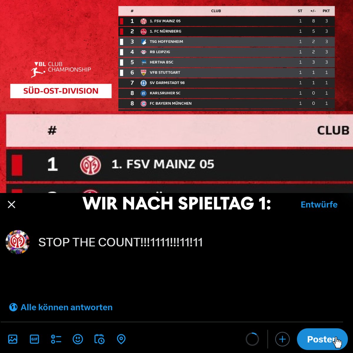 Wir grüßen erstmal von GANZ OBEN 👋
Am Mittwoch wollen wir noch nachlegen! 🫡
➖➖➖➖➖
#mainz05 #mainz05esports #meme #virtualbundesliga #eafc24