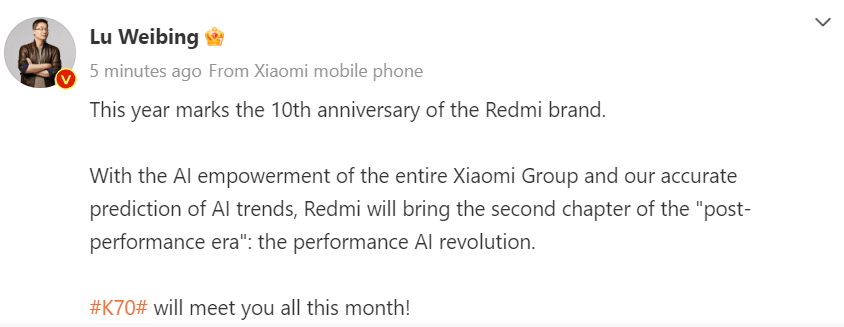 Redmi K70 series to launch this month in China, confirmed by Redmi GM

#Redmi #RedmiK70e #Redmik70 #RedmiK70Pro #Dimensity8300Ultra #Dimensity8300 #Snapdragon8Gen2 #Snapdragon8Gen3