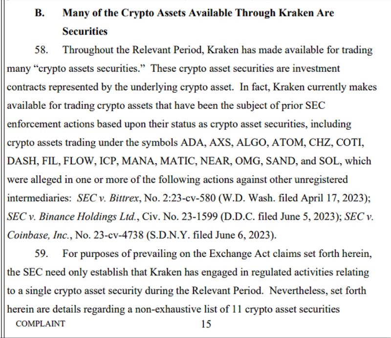 BREAKING: SEC calls the following cryptos securities in it's Kraken Digital Asset Exchange lawsuit: - Solana (SOL) - Cardano (ADA) - Polygon (MATIC) - Internet Computer (ICP) - Cosmos (ATOM) - Algorand (ALGO) - Sandbox (SAND) - Decentraland (MANA) - Chiliz (CHZ)