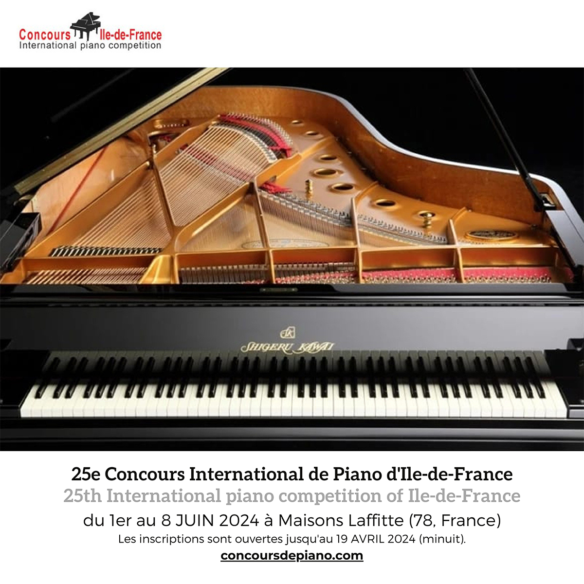 Avis aux pianistes ! 25e Concours International de Piano d'Ile-de-France du 1er au 8 juin 2024 à Maison Laffitte (78) #France
Concours ouvert aux pianistes de toutes nationalités - Cycles 1, 2, 3. Les inscriptions sont ouvertes jusqu'au 19 AVRIL 2024 👇
concoursdepiano.com/index.php/fr/h…
