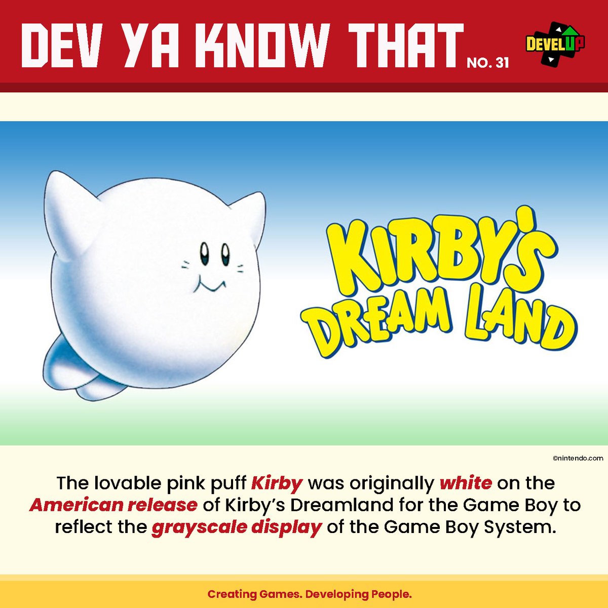DevelUP_Diliman's tweet photo. Almost looked like a ghost ๐ป
Kirby was originally white in America of Kirby's Dreamland before following suit with the Japan release.
#DevYaKnowThat #DevelUP #Kirby https://t.co/3esiKKsvOK
