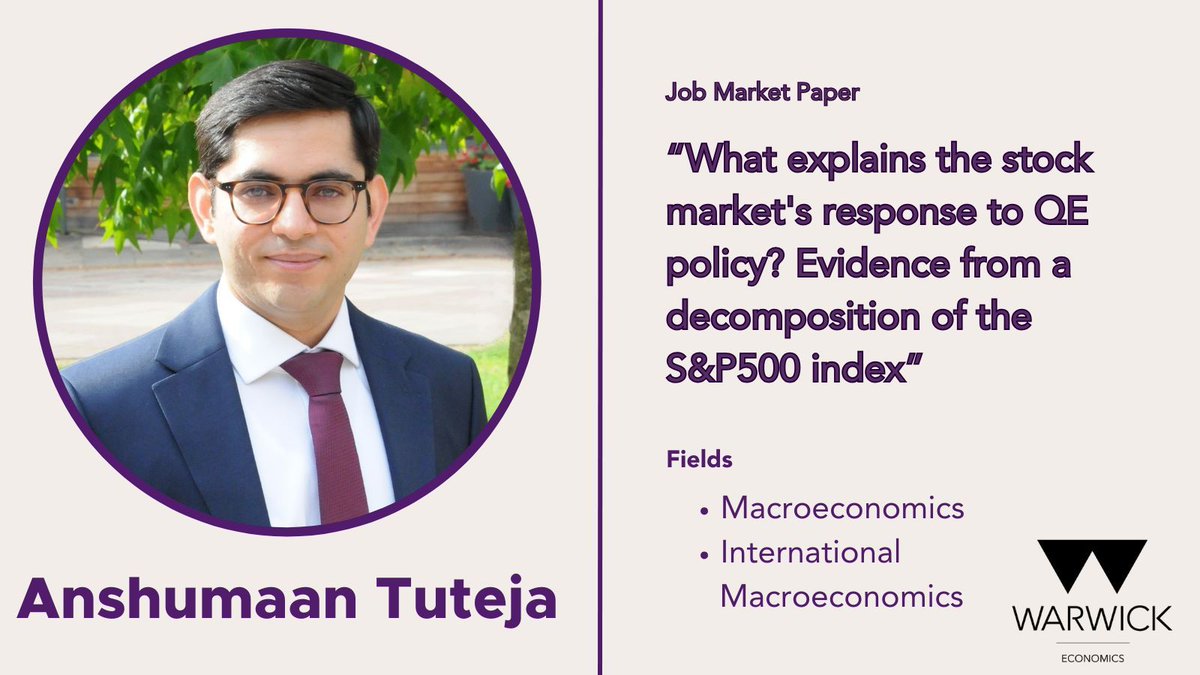 Meet our #EconJobMarket candidate @AnshumaanTuteja His job market paper analyses the effect of QE policy on the US stock market by decomposing the S&P500 index into its risk-neutral fundamental value and the equity premium. More detail: buff.ly/3MNhP3F