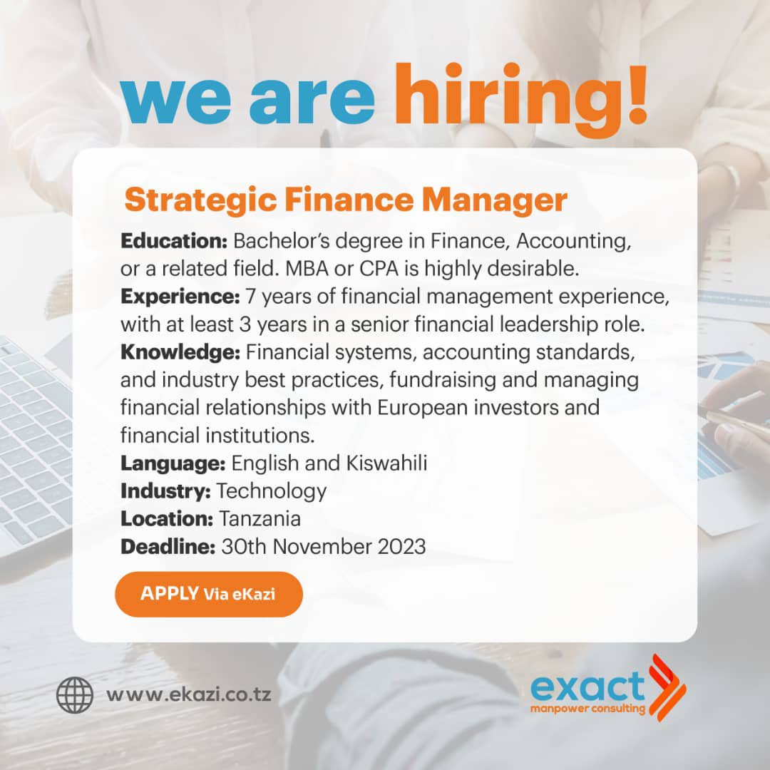 ExactManpower's tweet photo. We are looking for a Strategic Finance Manager on behalf of our client with 7 years of Financial management experience. 

⏰Deadline: 30.11.2023

Are you the one they are looking for? To apply ➡️ https://t.co/1Bqx6UuLp9 or send your CV via jobs@joinfoodchain.com

#eKazi #Kazi https://t.co/iQOScnF9k2
