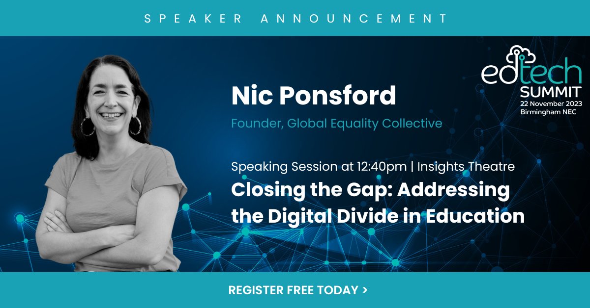 Speaker Announcement: Welcoming Nic Ponsford, Founder of Global Equality Collective, who will be speaking tomorrow in a session entitled "Closing the Gap: Addressing the Digital Divide in Education". Register to attend her session here: hubs.la/Q029qlFF0