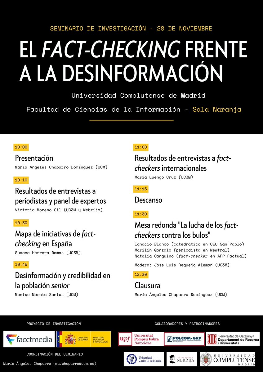 📢El próximo martes, pásate por <a href="/UCMccinf/">Facultad Ciencias Información</a>. 
🤥Compartiremos los resultados de FACCTMEDIA, un proyecto sobre desinformación en el que llevamos trabajando cuatro años facctmedia.wordpress.com
🎙️Además, tendremos una mesa redonda estupenda con <a href="/marilink/">Marilín Gonzalo</a>, @iblancoalfonso y <a href="/La_Sangui/">Natalia Sanguino</a>