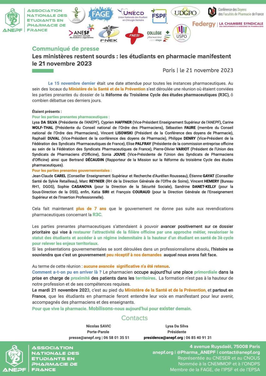 ANEPF Pharmacie (@pharma_anepf) on Twitter photo #CDP | La Réforme du 3ème Cycle des études pharmaceutiques ne doit plus attendre.
Mardi 21 Novembre, c’est au pied du Ministère de la Santé et de la prévention <a href="/Sante_Gouv/">Ministère de la Santé et de l'Accès aux soins</a> et partout en France que les étudiants en pharmacie, pharmaciens et enseignants feront entendre leur voix🗣️ #CDP | La Réforme du 3ème Cycle des études pharmaceutiques ne doit plus attendre.
Mardi 21 Novembre, c’est au pied du Ministère de la Santé et de la prévention <a href="/Sante_Gouv/">Ministère de la Santé et de l'Accès aux soins</a> et partout en France que les étudiants en pharmacie, pharmaciens et enseignants feront entendre leur voix🗣️